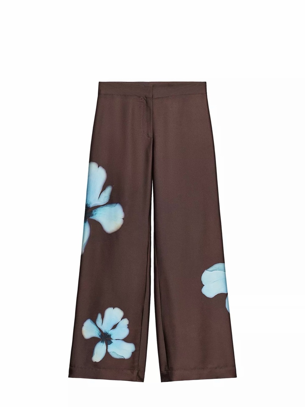 NWT Zara Brown Wide-Leg Pants with Light Blue Floral Detail